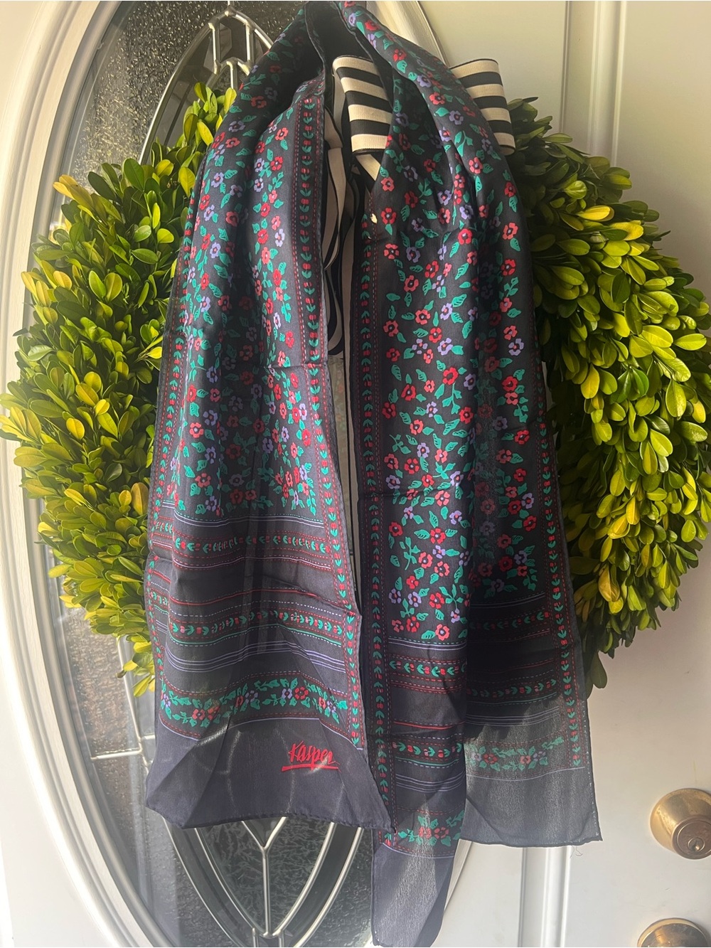 Kasper Black Floral Silk-Blend Scarf with Teal and Pink Accents